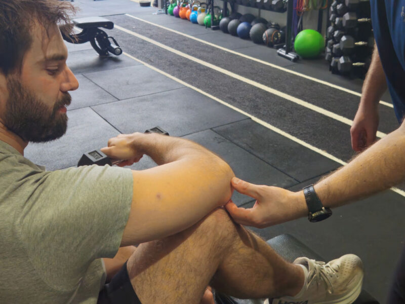 A physiotherapist assessing a client's knee during a gym-based session.