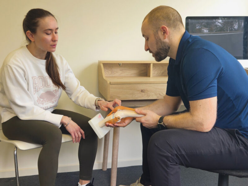 A physiotherapist explaining knee structure to a client using a model.