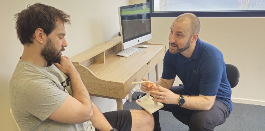 Physiotherapist explaining shoulder anatomy to a patient using a model